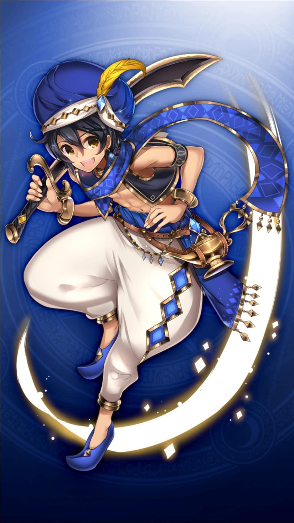 1boy, abs, aladdin_(grimms_notes), arabian_clothes, black_hair, brown_eyes, full_body, grimms_notes