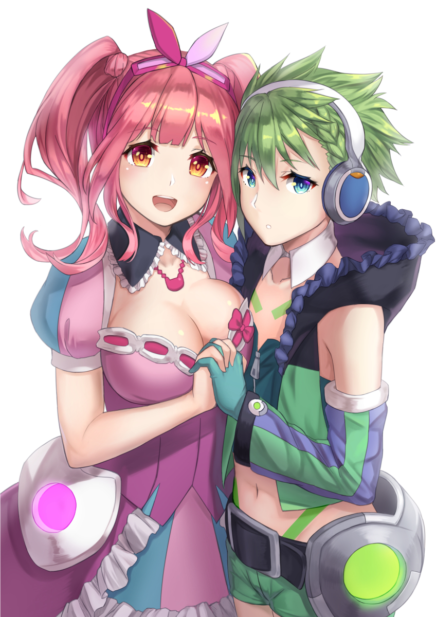 10s, 2girls, :d, :o, animal_print, asymmetrical_docking, bare_arms, blue_eyes