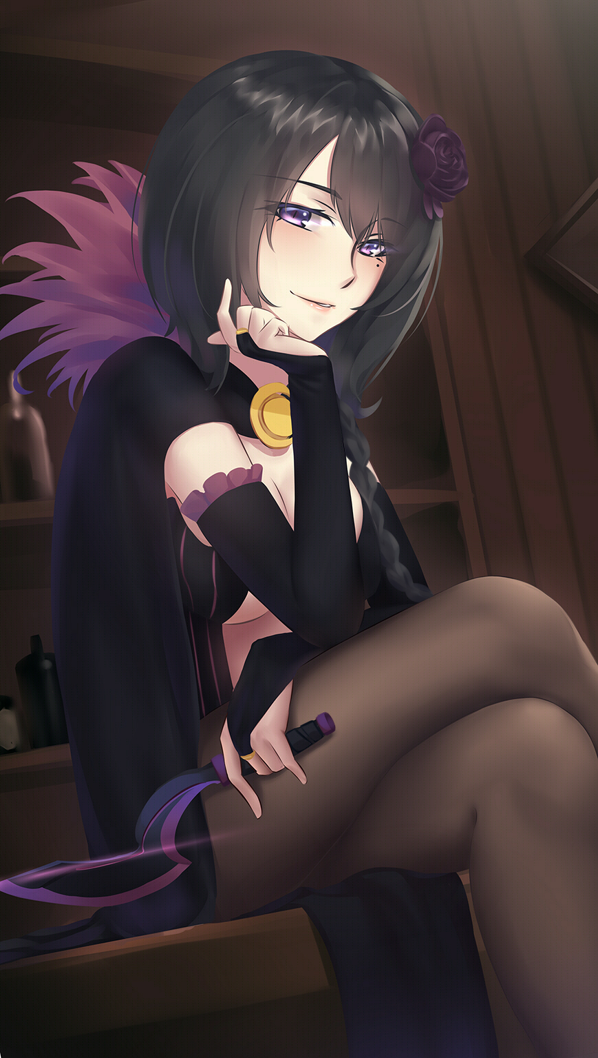 10s, 1girl, black_hair, black_pantyhose, blurry, bottle, braid, breasts, bridal_gauntlets, brown_pantyhose, cape, cleavage, crossed_legs, depth_of_field, dutch_angle, elsa_granhilte, eyebrows, female_focus, flower, fur_trim, hair_between_eyes, hair_flower, hair_ornament, hair_over_shoulder, head_rest, highres, holding, holding_weapon, ian_wang, large_breasts, lens_flare, long_hair, looking_at_viewer, mole, mole_under_eye, pantyhose, parted_lips, purple_eyes, purple_flower, purple_rose, re:zero_kara_hajimeru_isekai_seikatsu, rose, single_braid, sitting, solo, underboob, weapon, wooden_wall