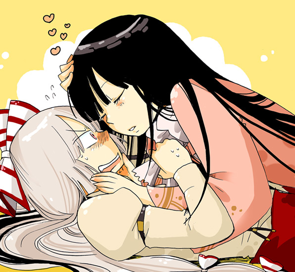 2girls, female_focus, fujiwara_no_mokou, houraisan_kaguya, kiss, mashuu_masaki, multiple_girls, surprised