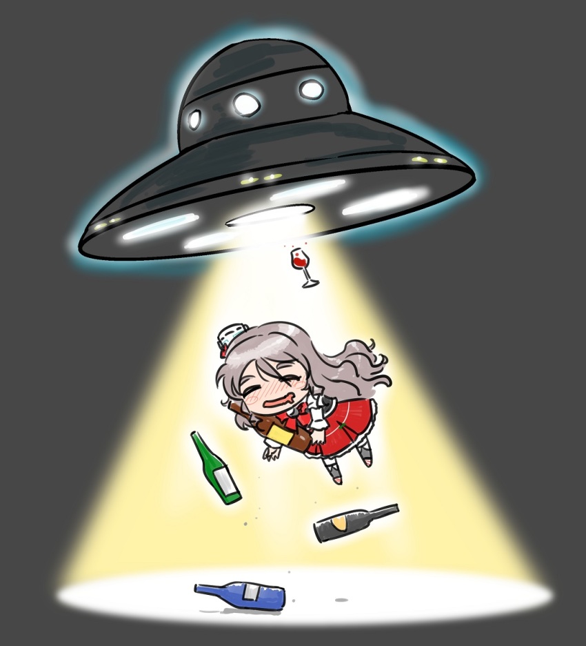 10s, 1girl, abduction, blush, blush_stickers, bottle, closed_eyes, commentary_request, cup, drinking_glass, drunk, energy, energy_beam, female_focus, floating, flying_saucer, grey_background, grey_hair, hair_between_eyes, hat, kantai_collection, light, long_hair, long_sleeves, mini_hat, open_mouth, pola_(kancolle), red_skirt, ribbon, seiran_(mousouchiku), shirt, skirt, smile, solo, spacecraft, thick_eyebrows, ufo, wavy_hair, wavy_mouth, white_shirt, wine_glass