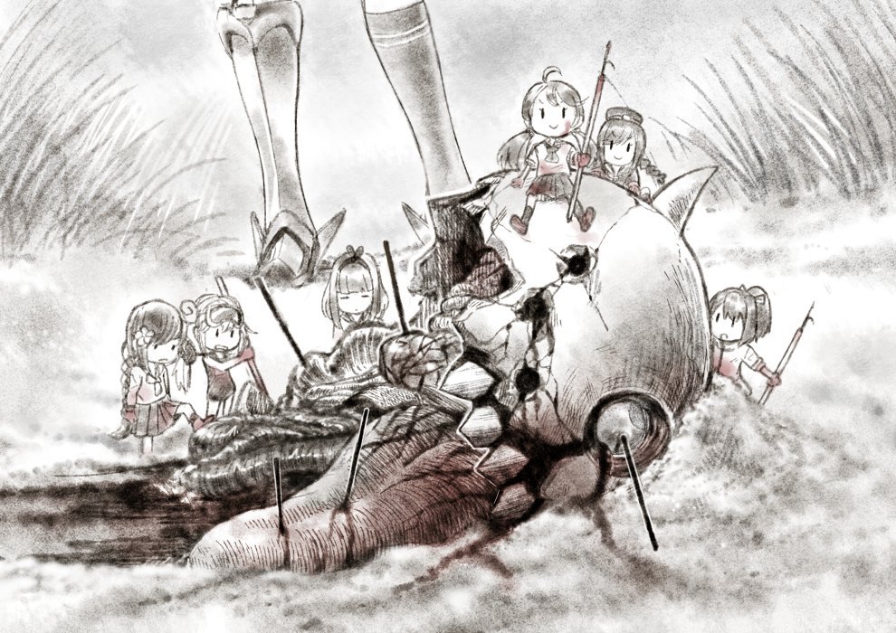 10s, 15.5cm_triple_gun_mount, 6+girls, 61cm_quadruple_torpedo_mount, abyssal_ship, ahoge, bad_id, bad_twitter_id