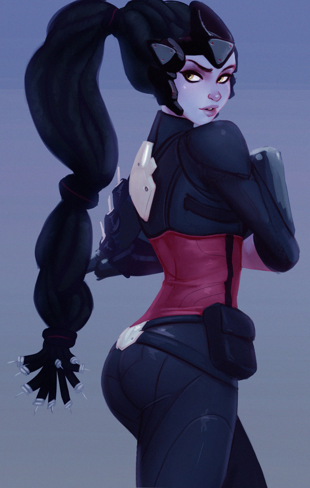 1girl, alternate_costume, ass, blue_background, bodysuit, female_focus, highres, lips, looking_back, noire_widowmaker, overwatch, overwatch_1, parted_lips, raichiyo33, solo, widowmaker_(overwatch), yellow_eyes