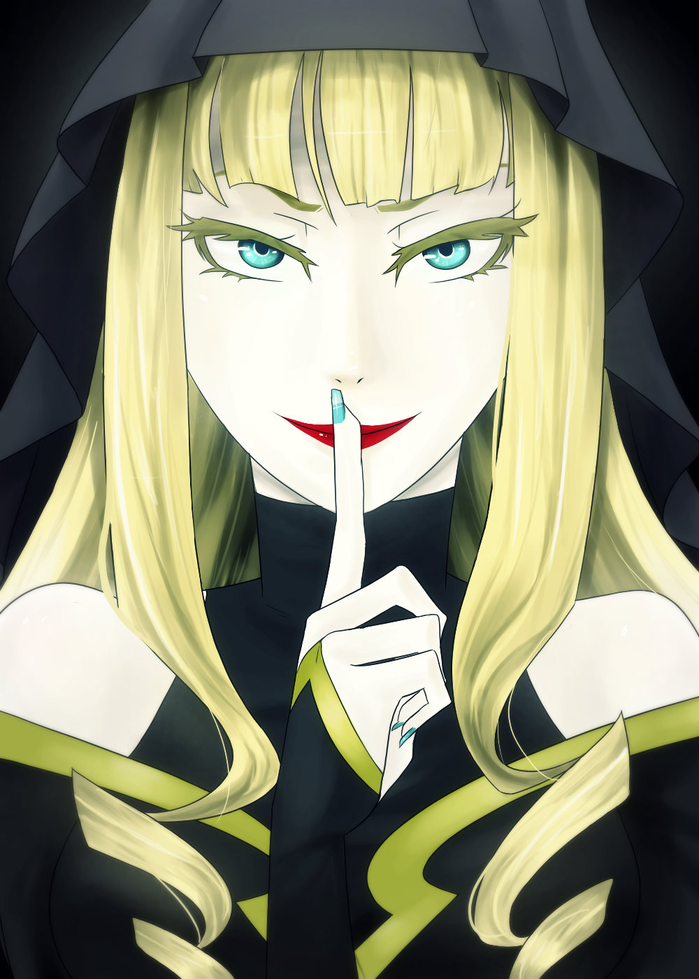 1girl, alternate_hair_color, aqua_eyes, aqua_nails, black_dress, blonde_hair, blue_eyes, bridal_gauntlets, chrono_story_(vocaloid), dress, elluka_clockworker, evillious_nendaiki, female_focus, finger_to_mouth, highres, kureihii, lipstick, makeup, megurine_luka, nail_polish, red_lips, smile, smirk, solo, veil, vocaloid