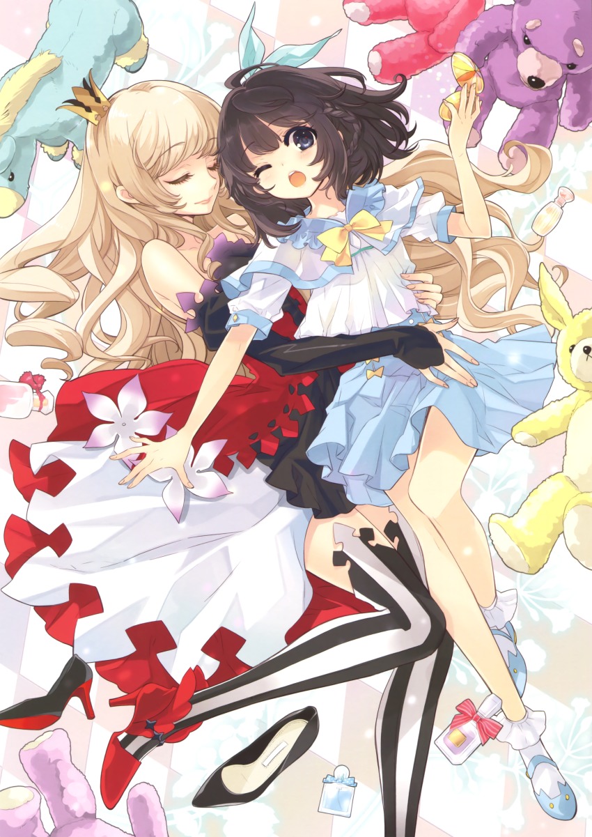 2girls, ;o, absurdres, bare_shoulders, black_dress, black_footwear, blonde_hair, blue_eyes