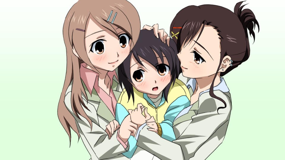 00s, 3girls, age_difference, between_breasts, black_hair, blush, breasts, brown_eyes