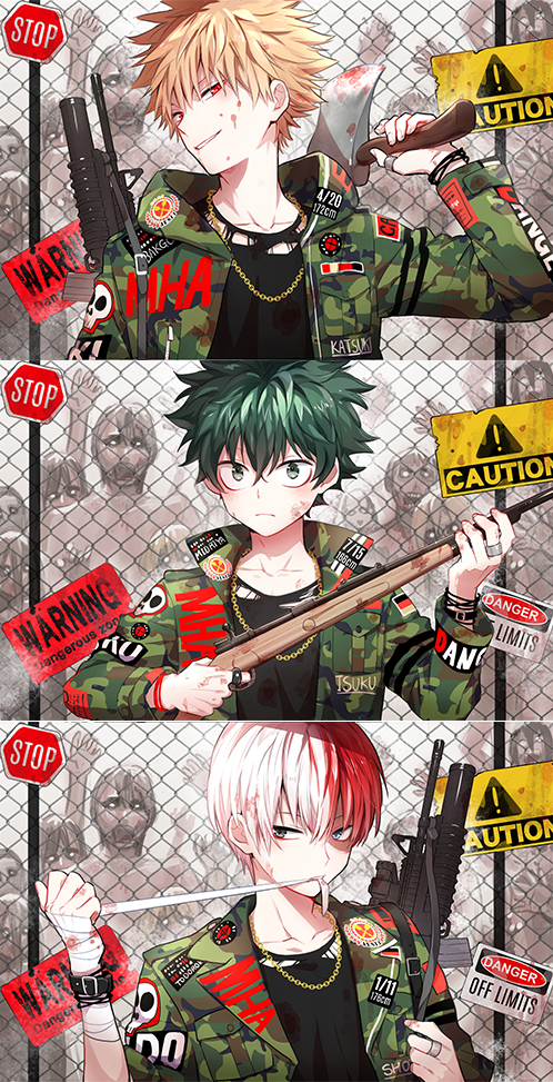 !, 10s, 3boys, assault_rifle, axe, bad_id, bad_pixiv_id, badge, bakugou_katsuki, bandaged_arm, bandages, belt, birthday, blonde_hair, blood, blood_on_face, bloody_bandages, blue_eyes, boku_no_hero_academia, bruise, buckle, burn_scar, camouflage, chain, chain-link_fence, chain_necklace, closed_mouth, clothes_writing, copyright_name, dated, fence, finger_on_trigger, frown, green_eyes, green_hair, gun, hair_between_eyes, head_tilt, height, holding, holding_gun, holding_weapon, hood, hooded_jacket, injury, jacket, jewelry, long_sleeves, looking_at_viewer, looking_to_the_side, male_focus, midoriya_izuku, military, military_uniform, mouth_hold, multicolored_hair, multiple_boys, necklace, pocket, red_eyes, red_hair, rifle, road_sign, scar, shirt, shotgun, sign, skull_print, smirk, spoon_(jesing), stop_sign, string, thumb_ring, todoroki_shoto, torn_clothes, torn_shirt, traffic_light, two-tone_hair, upper_body, warning_sign, weapon, weapon_on_back, white_hair, wristband, zombie