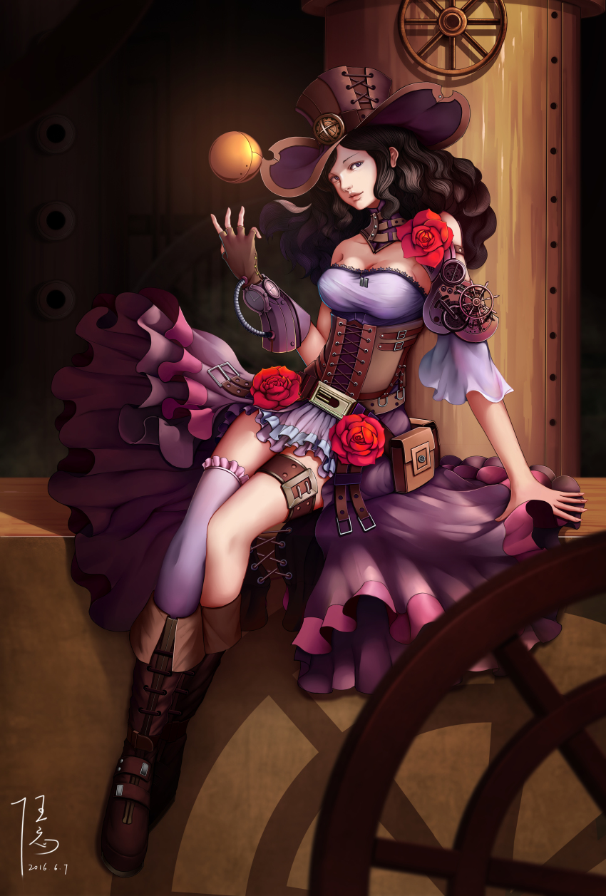10s, 1girl, 2016, absurdres, arm_at_side, arm_belt, arm_support, bag, bare_shoulders, bekt, belt, belt_pouch, black_hair, blurry, boots, breasts, brown_boots, brown_hat, buckle, cable, cleavage, closed_mouth, corset, cross-laced_clothes, dated, depth_of_field, detached_collar, detached_sleeves, diandianzai, dress, female_focus, fingerless_gloves, flower, frilled_dress, frilled_thighhighs, frills, full_body, gears, gloves, hat, highres, knee_boots, lace-up_boots, lace_trim, leather, leather_gloves, long_hair, looking_at_viewer, machinery, open_belt, orb, original, pouch, purple_thighhighs, red_flower, red_rose, rose, shade, shadow, signature, single_glove, single_sleeve, single_thighhigh, sitting, smile, solo, steampunk, strapless, strapless_dress, thigh_strap, thighhighs, top_hat, tossing, wavy_hair, wheel