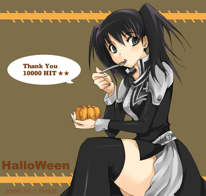 00s, 1girl, 2006, black_hair, cuffs, d.gray-man, dated, eating, english_text, engrish_text, female_focus, food, green_eyes, halloween, lenalee_lee, looking_at_viewer, miniskirt, ranguage, short_hair, sitting, skirt, solo, speech_bubble, thighhighs, twintails, uemoto_masato, zettai_ryouiki