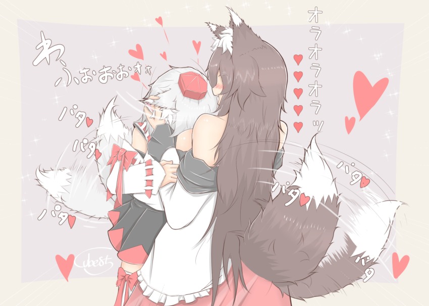 2girls, animal_ears, bare_shoulders, between_breasts, breast_smother, breasts, brown_hair, commentary_request