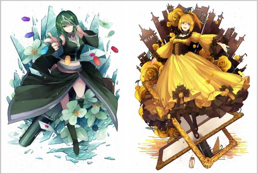 2girls, aku_no_musume_(vocaloid), black_legwear, blonde_hair, blue_eyes, boots, braid, broken_glass