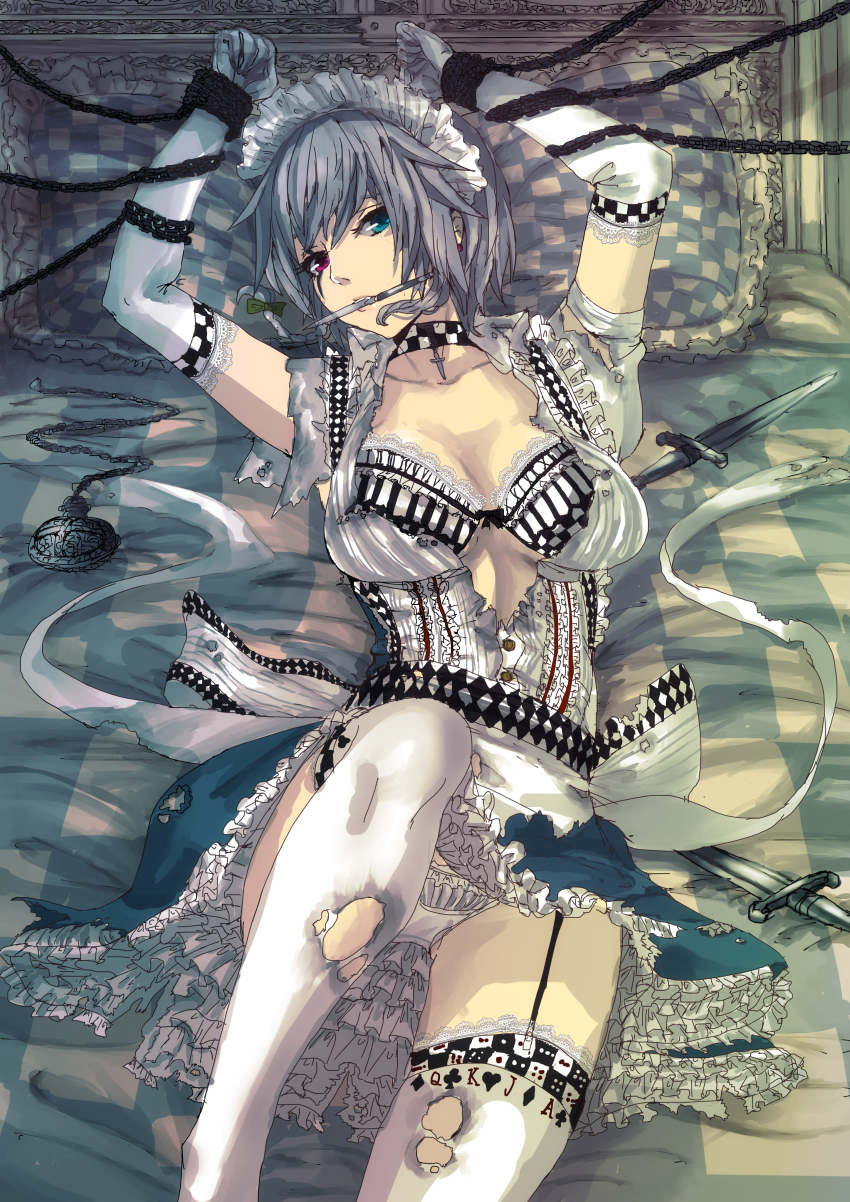 1girl, absurdres, alternate_costume, arms_up, bdsm, bed, bed_sheet, blanket