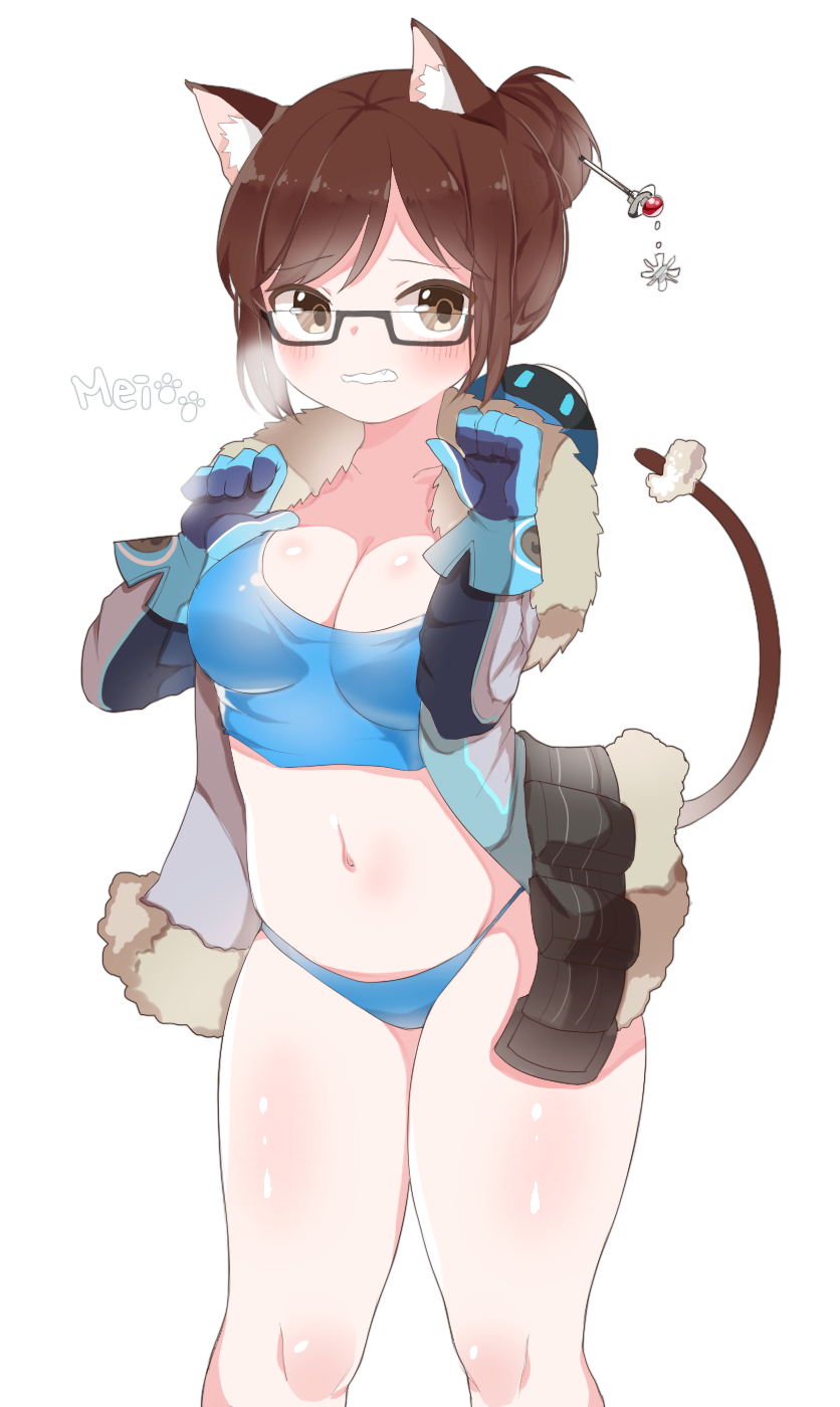 1girl, animal_ears, bad_id, bad_pixiv_id, beads, belt, bikini, bikini_bottom_only, black-framed_eyewear, blue_bikini, blush, breasts, brown_eyes, brown_hair, canister, cat_ears, cat_tail, character_name, cleavage, coat, collarbone, cowboy_shot, dress, embarrassed, fang, female_focus, fur_coat, fur_trim, glasses, gloves, hair_bun, hair_ornament, hair_stick, hairpin, highres, kemonomimi_mode, kurut, kurutsu, large_breasts, looking_at_viewer, mei_(overwatch), navel, overwatch, overwatch_1, parka, paw_print, short_hair, sidelocks, single_hair_bun, solo, swept_bangs, swimsuit, tail, tank_top, winter_clothes, winter_coat