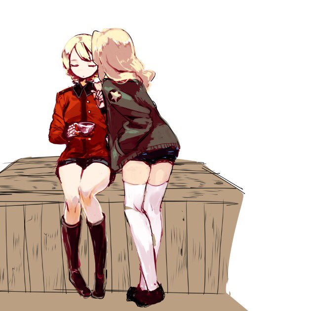 10s, 2girls, artist_request, blonde_hair, bomber_jacket, closed_eyes, crate, cup, darjeeling_(girls_und_panzer), denim, denim_shorts, girls_und_panzer, jacket, kay_(girls_und_panzer), kiss, long_hair, miniskirt, miyamoto_(36cstll), multiple_girls, short_hair, shorts, sketch, skirt, teacup, thighhighs, white_legwear, yuri
