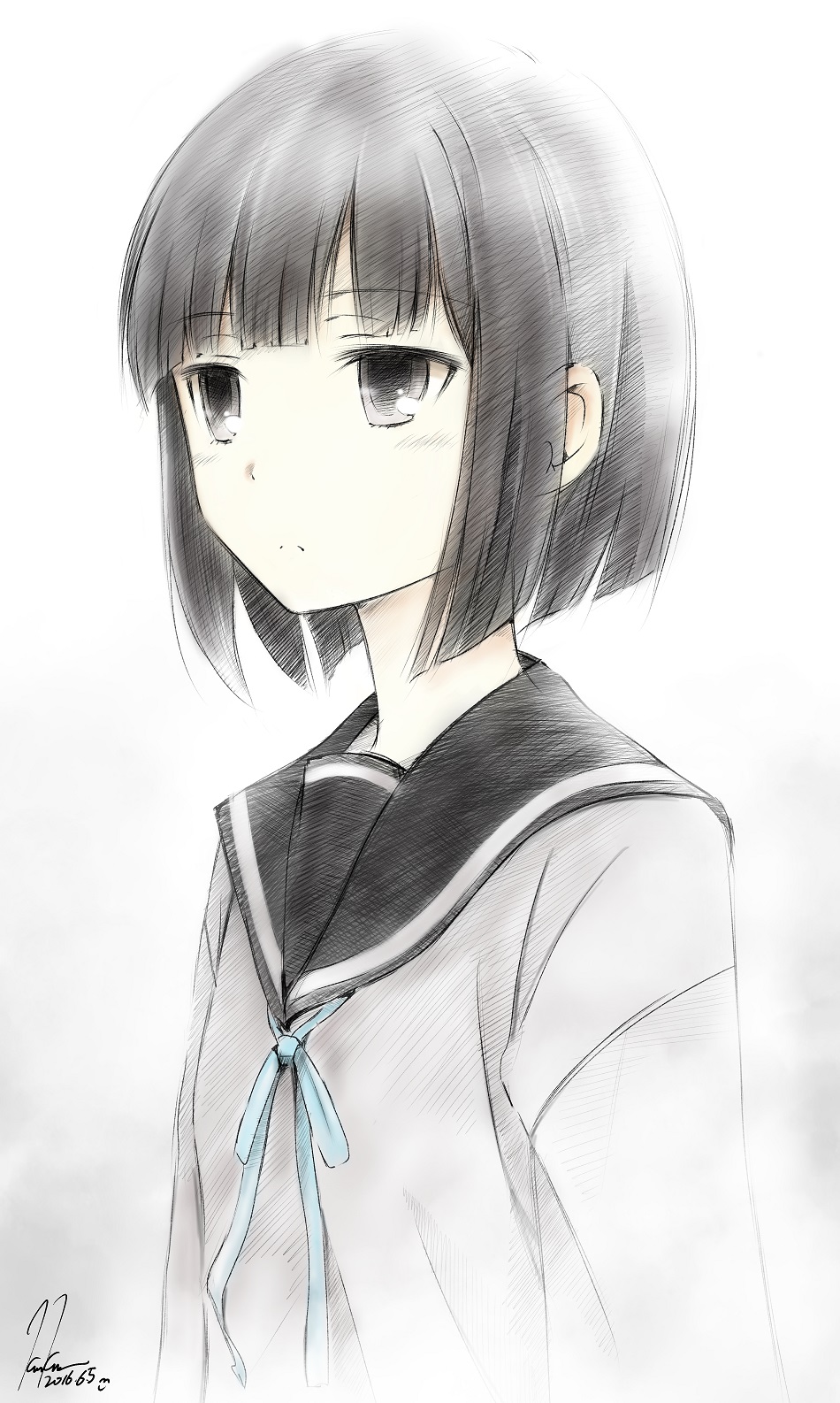 10s, 1girl, artist_name, black_hair, dated, female_focus, gradient_background, highres