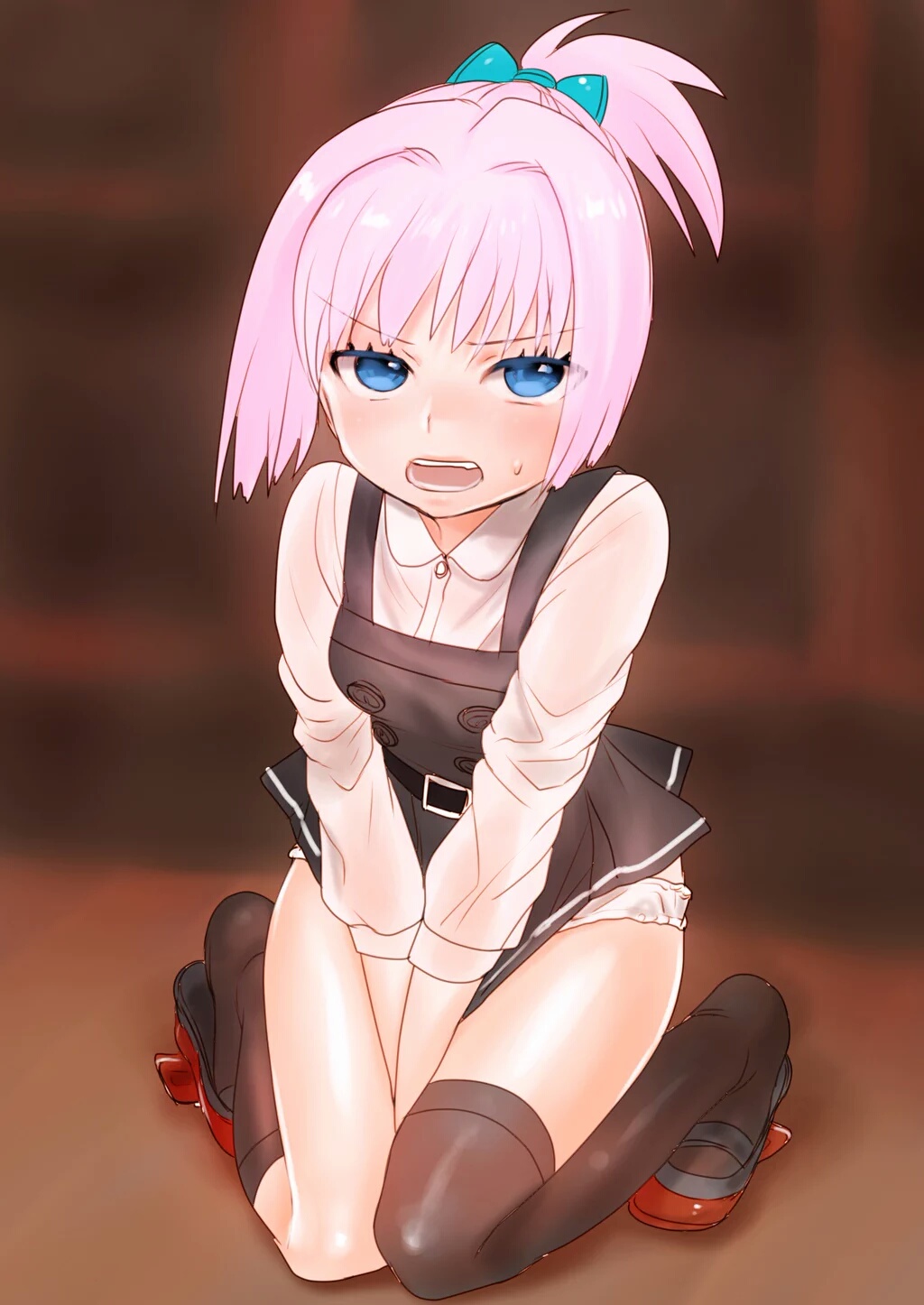 1girl, alternate_costume, asymmetrical_legwear, belt, between_legs, black_socks, blue_eyes, blush