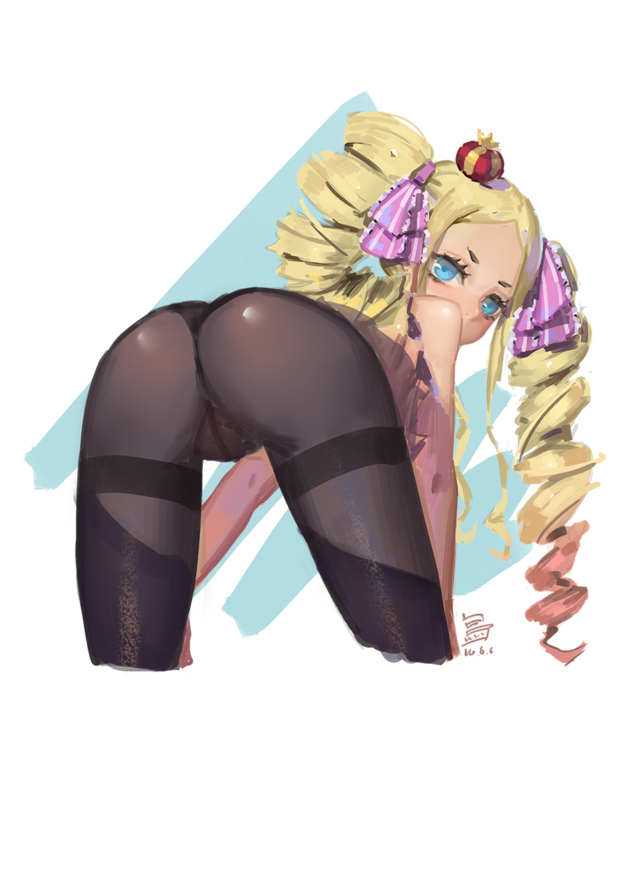 10s, 1girl, ass, beatrice_(re:zero), bent_over, black_pantyhose, blonde_hair, blue_eyes, cropped_legs, crotch_seam, crown, drill_hair, female_focus, from_behind, highres, long_hair, looking_at_viewer, looking_back, pantyhose, re:zero_kara_hajimeru_isekai_seikatsu, sk_tori, solo, thighband_pantyhose, twin_drills