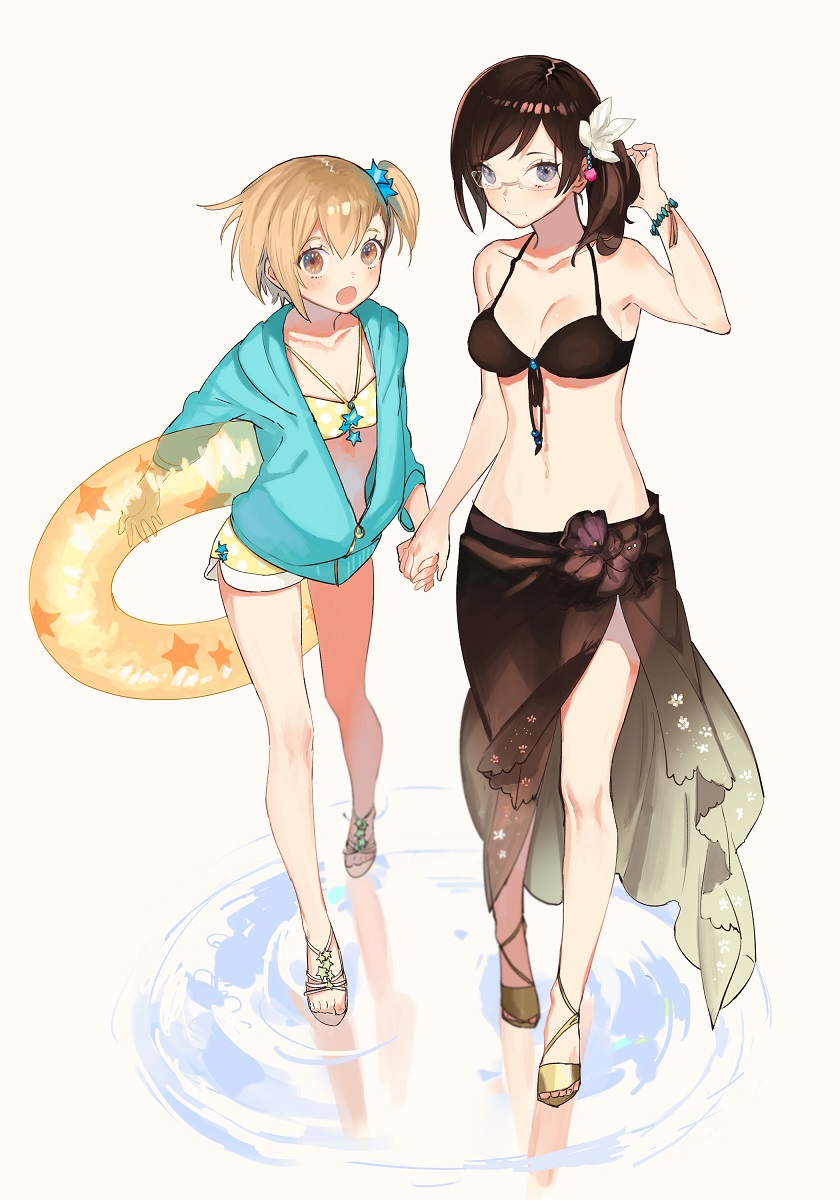 10s, 2girls, :o, alternate_costume, arm_at_side, bad_id, bad_pixiv_id, bare_legs, bikini, bikini_shorts, black_bikini, black_hair, blonde_hair, blue_eyes, blush, bracelet, breasts, brown_eyes, buun_ko, carrying, carrying_under_arm, cleavage, closed_mouth, collarbone, eyebrows, eyelashes, floral_print, flower, front-tie_top, full_body, glasses, haikyuu!!, hair_flower, hair_ornament, halterneck, hand_up, highres, holding_hands, innertube, jacket, jacket_over_swimsuit, jewelry, long_hair, long_sleeves, looking_at_viewer, marble, mole, mole_under_mouth, multiple_girls, navel, necklace, one_side_up, open_mouth, polka_dot, polka_dot_bikini, print_bikini, reflection, rimless_eyewear, sandals, sarong, see-through_clothes, shimizu_kiyoko, short_hair, short_shorts, shorts, side_ponytail, sideboob, simple_background, small_breasts, smile, star_(symbol), star_hair_ornament, star_necklace, star_print, star_print_bikini, stomach, surprised, swim_ring, swimsuit, walking, water, white_background, white_flower, yachi_hitoka, yellow_bikini, zipper