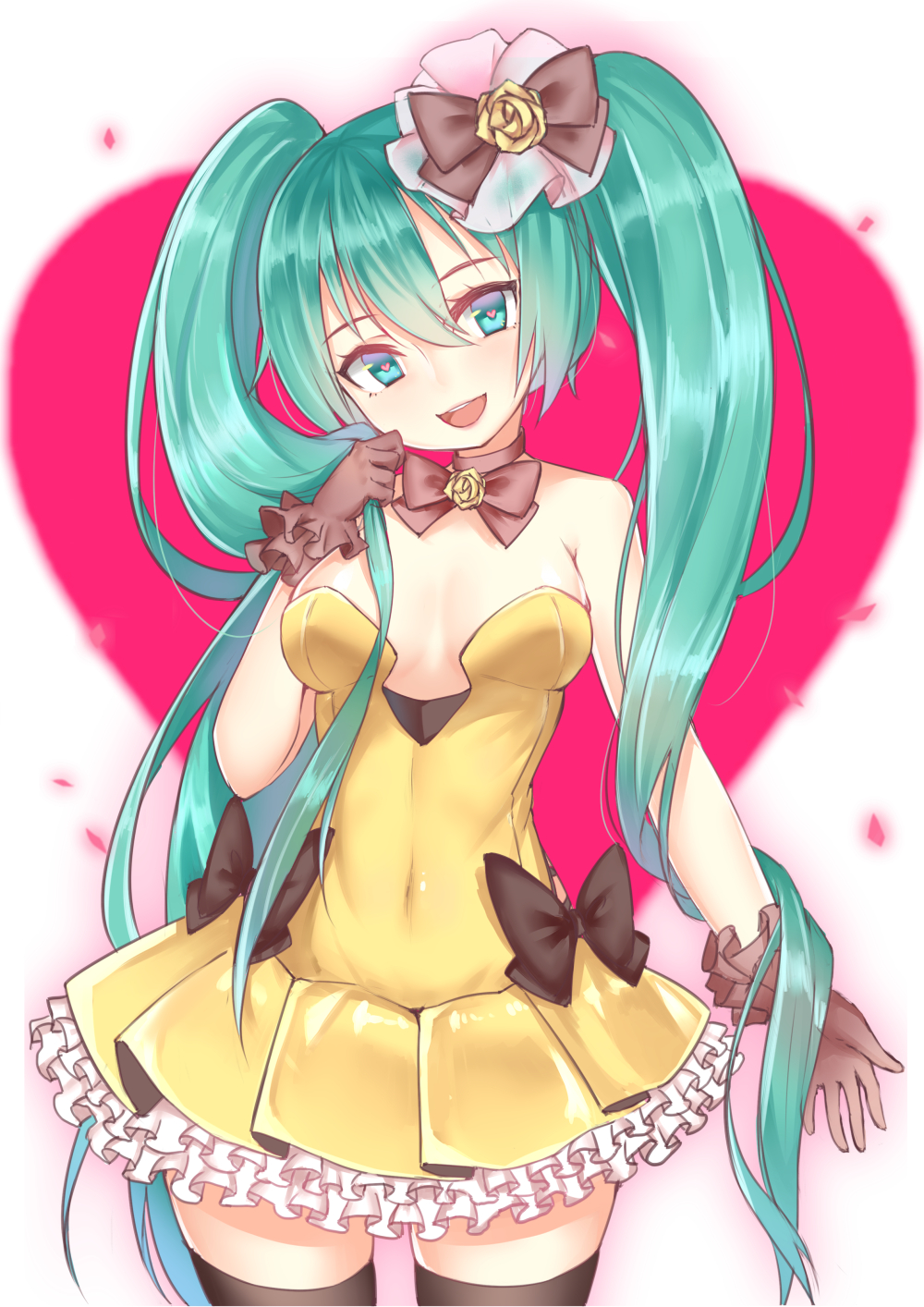 1girl, aqua_eyes, aqua_hair, black_thighhighs, dress, female_focus, gloves, hatsune_miku, hatsune_miku_(siren), head_tilt, heart, heart-shaped_pupils, highres, kochira_koufuku_anshin_iinkai_desu_(vocaloid), long_hair, open_mouth, solo, sunege_(hp0715), symbol-shaped_pupils, thighhighs, twintails, very_long_hair, vocaloid, zettai_ryouiki