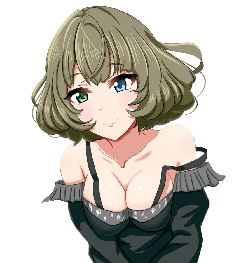 10s, 1girl, bare_shoulders, blue_eyes, breasts, brown_hair, cleavage, daiichi_(k_daiiti)