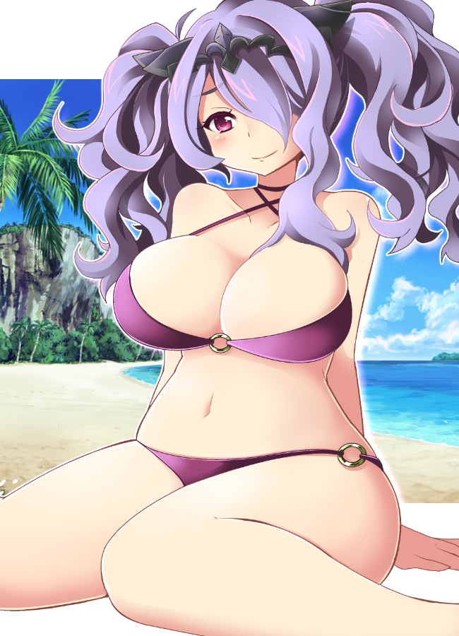 1girl, alternate_costume, alternate_hairstyle, bare_shoulders, beach, bikini, blush, breasts, camilla_(fire_emblem), cleavage, curvy, female_focus, fire_emblem, fire_emblem_fates, hair_over_one_eye, large_breasts, long_hair, looking_at_viewer, momosemocha, navel, nintendo, o-ring, o-ring_bikini, purple_bikini, purple_eyes, purple_hair, sitting, smile, solo, swimsuit, twintails, wide_hips