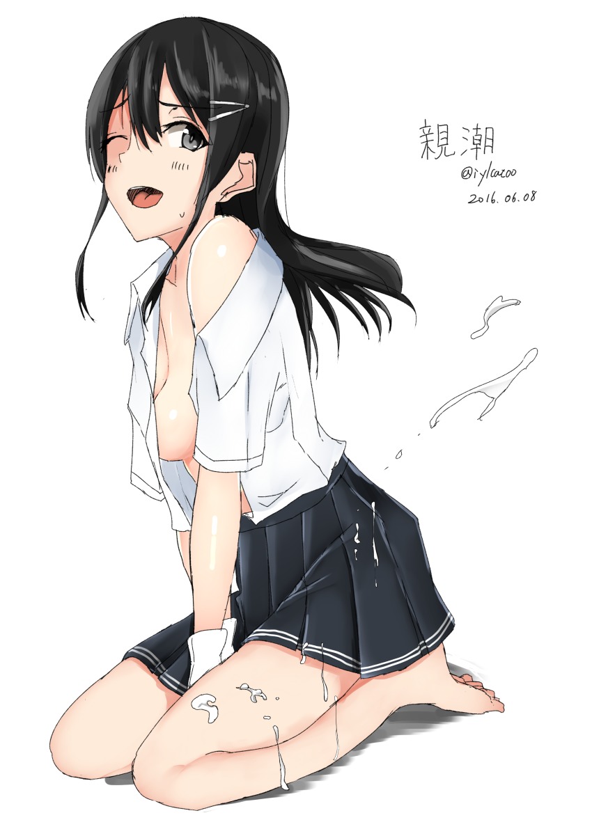 >_o, 10s, 1girl, ;d, absurdres, artist_name, barefoot, black_hair