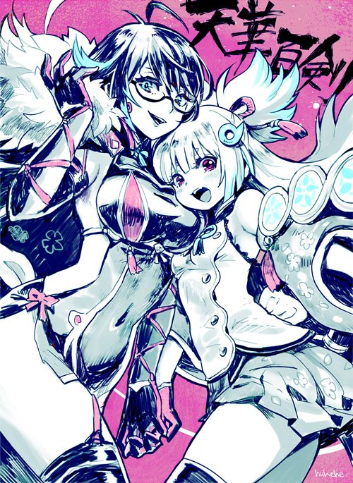 2girls, armor, artist_name, bare_shoulders, black_hair, blue_eyes, breasts, copyright_name