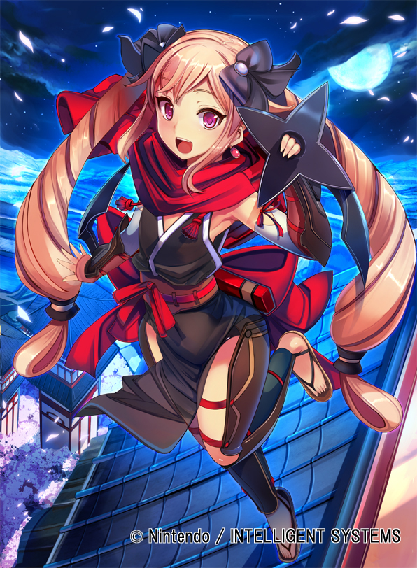 1girl, alternate_costume, blonde_hair, elise_(fire_emblem), female_focus, fire_emblem, fire_emblem_cipher, fire_emblem_fates, flat_chest, full_body, full_moon, hair_ribbon, intelligent_systems, looking_at_viewer, moon, naaamo, night, ninja, nintendo, no_socks, outdoors, petals, purple_eyes, red_scarf, ribbon, rooftop, sandals, scarf, shuriken, sky, solo, tabi, twintails, weapon