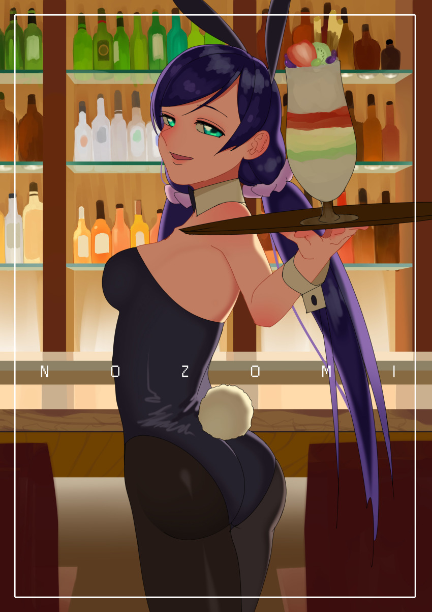 10s, 1girl, absurdres, animal_ears, ass, bad_id, bad_pixiv_id, bare_shoulders, black_pantyhose, breasts, detached_collar, fake_animal_ears, female_focus, green_eyes, highres, long_hair, looking_at_viewer, love_live!, love_live!_school_idol_project, low_twintails, medium_breasts, open_mouth, pantyhose, playboy_bunny, purple_hair, rabbit_ears, rabbit_tail, scrunchie, solo, tail, tojo_nozomi, tray, tu_wei, twintails, wrist_cuffs