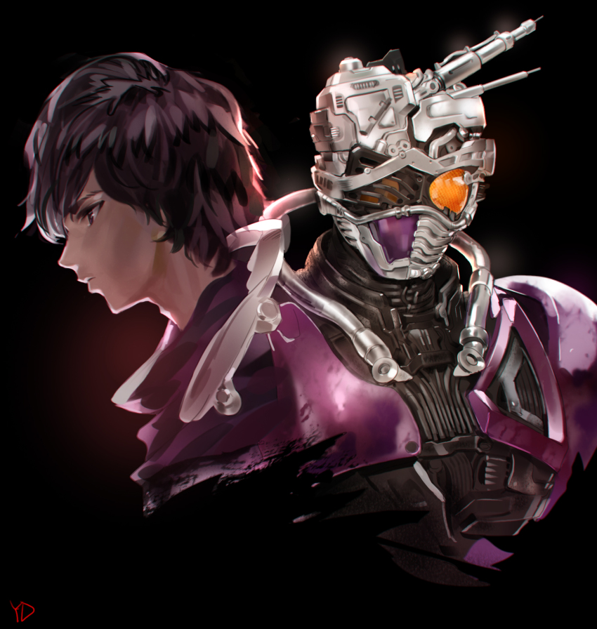 1boy, black_hair, chase_(kamen_rider_drive), dual_persona, highres, kamen_rider, kamen_rider_drive_(series), male_focus, mashin_chaser, mask, purple_eyes, short_hair, solo, yd_(orange_maru)