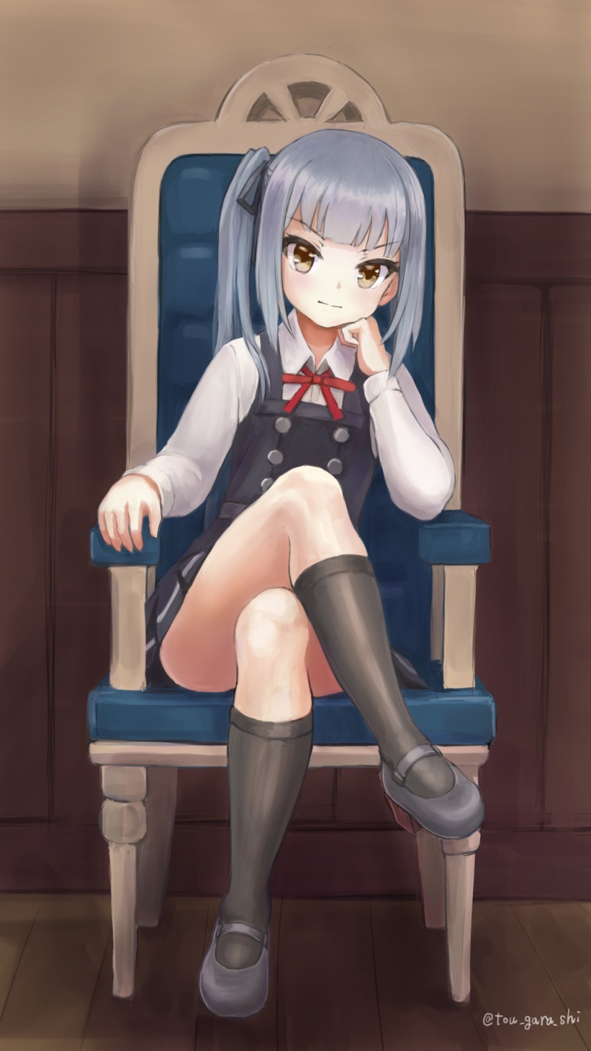 10s, 1girl, belt, black_ribbon, black_socks, chair, crossed_legs, dress
