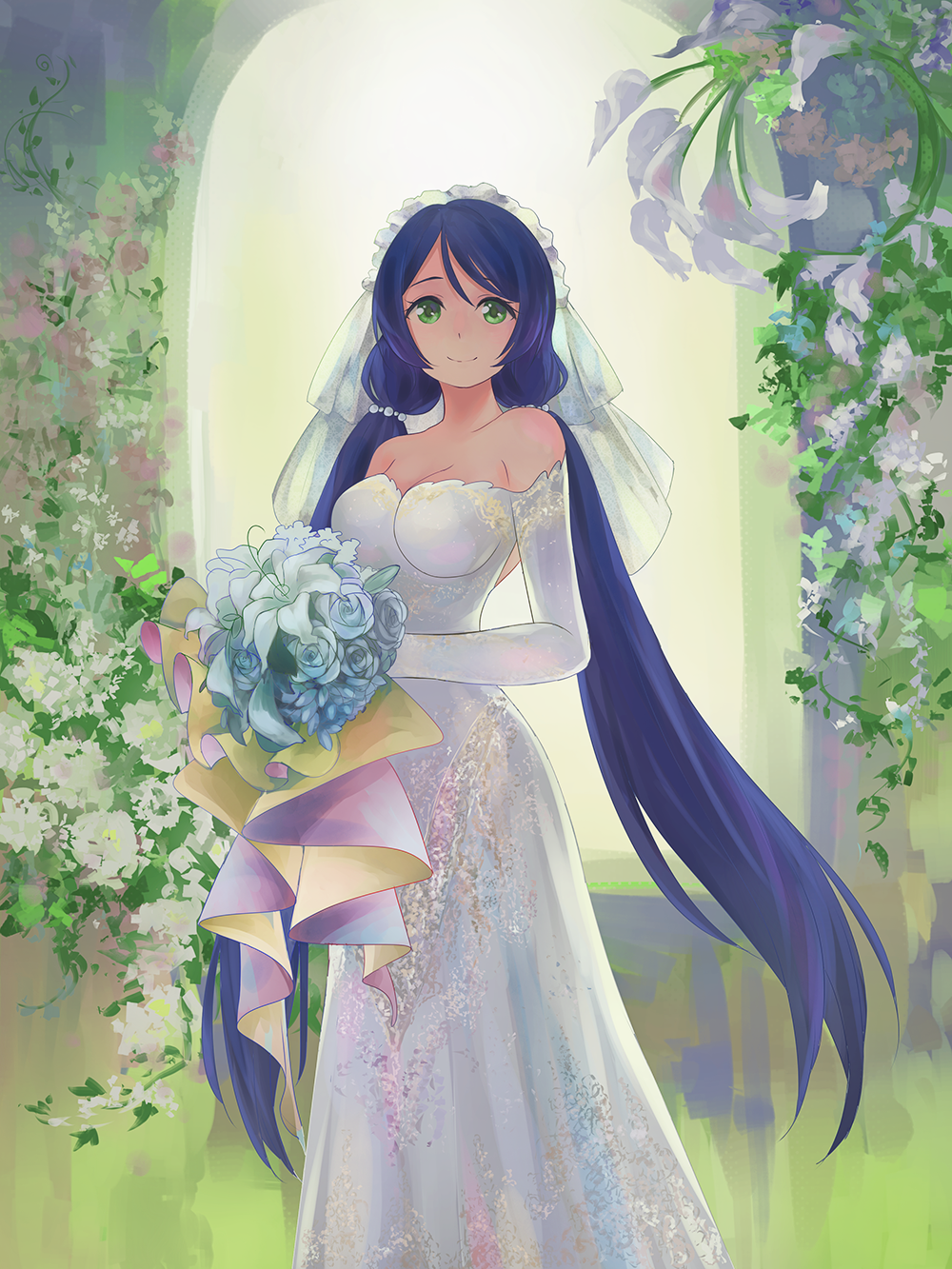 10s, 1girl, bouquet, breasts, bridal_veil, cleavage, dress, female_focus, flower, green_eyes, highres, inuko_(redconstellation), large_breasts, long_hair, love_live!, love_live!_school_idol_project, purple_hair, rose, see-through_clothes, smile, solo, tojo_nozomi, twintails, veil, very_long_hair, wedding, wedding_dress, white_dress