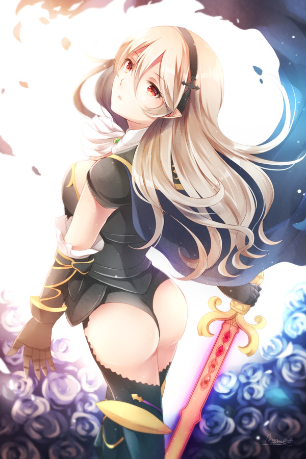 1girl, armor, ass, ayame_(norie11), black_armor, breasts, cape, female_corrin_(fire_emblem), female_corrin_(nohr_noble)_(fire_emblem), female_focus, fire_emblem, fire_emblem_fates, flower, from_behind, from_side, gloves, hairband, large_breasts, leotard, long_hair, looking_at_viewer, looking_back, nintendo, open_mouth, petals, pointy_ears, red_eyes, shiny_skin, sideboob, solo, sword, thighhighs, thighs, thong_leotard, torn_cape, torn_clothes, weapon, white_hair, yato_(fire_emblem)
