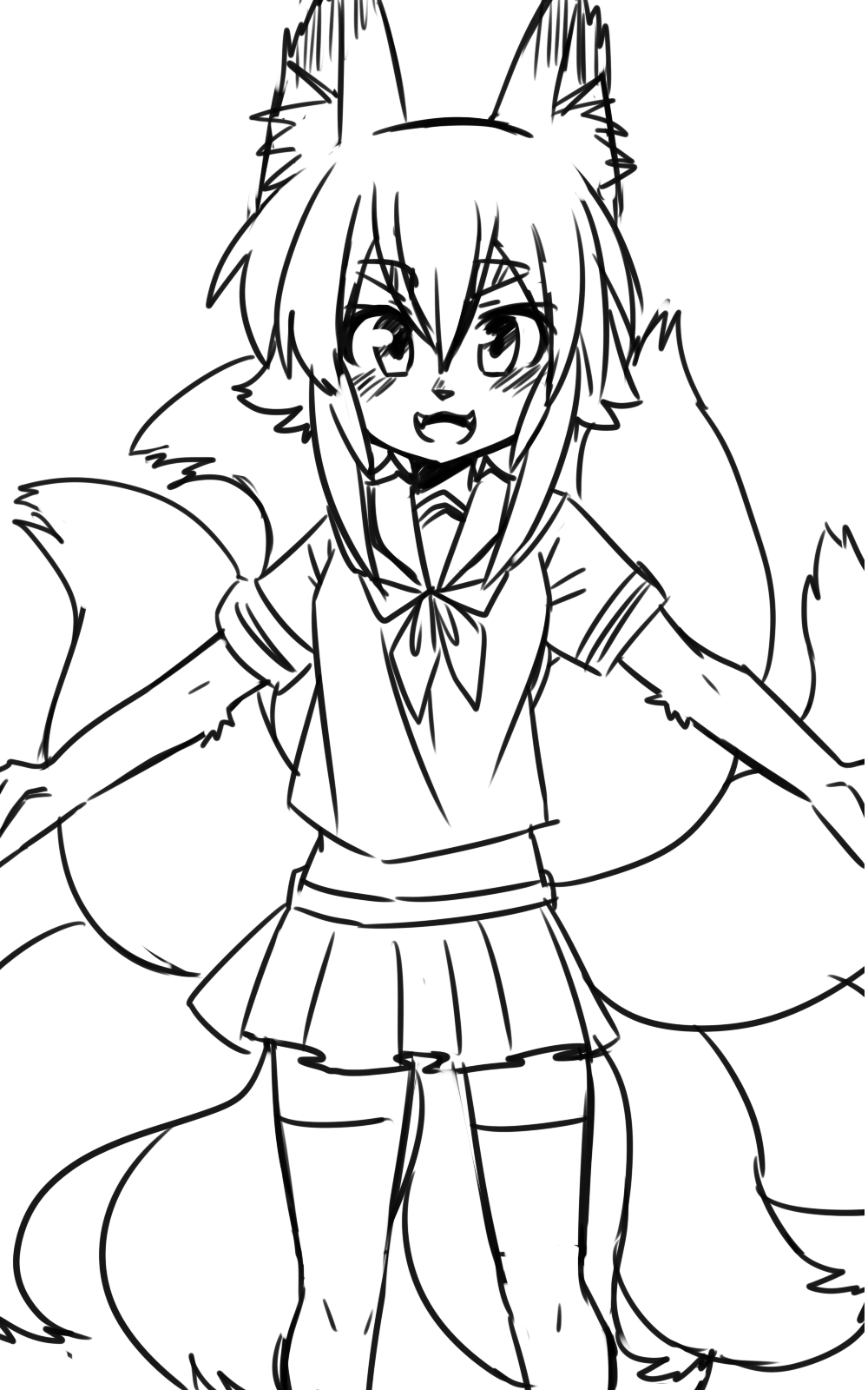 10s, 1girl, animal_ears, blush, bow, fangs, female_focus, flat_chest, fox_ears, fox_tail, furry, furry_female, highres, kitsune, kyuubi, luz_ninetei, miniskirt, monochrome, monster_girl, monster_musume_no_iru_nichijou, multiple_tails, outstretched_arms, school_uniform, serafuku, short_sleeves, skirt, smile, solo, tail, thighhighs