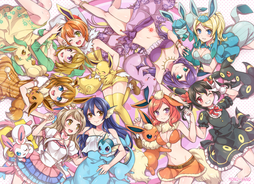 6+girls, animal_costume, animal_ears, ayase_eli, black_hair, blonde_hair, blue_eyes, blue_hair, blush, bracelet, brown_eyes, brown_hair, card, cosplay, crossover, eevee, eevee_(cosplay), espeon, espeon_(cosplay), evolutionary_line, flareon, flareon_(cosplay), gen_1_pokemon, gen_2_pokemon, gen_4_pokemon, gen_6_pokemon, glaceon, glaceon_(cosplay), hoshizora_rin, jewelry, jolteon, jolteon_(cosplay), koizumi_hanayo, kosaka_honoka, leafeon, leafeon_(cosplay), long_hair, love_live!, love_live!_school_idol_project, minami_kotori, mono_land, multiple_girls, nintendo, nishikino_maki, one_eye_closed, orange_hair, playing_card, pokemon, purple_eyes, purple_hair, red_eyes, red_hair, short_hair, smile, sonoda_umi, sylveon, sylveon_(cosplay), tail, tojo_nozomi, umbreon, umbreon_(cosplay), vaporeon, vaporeon_(cosplay), yazawa_nico