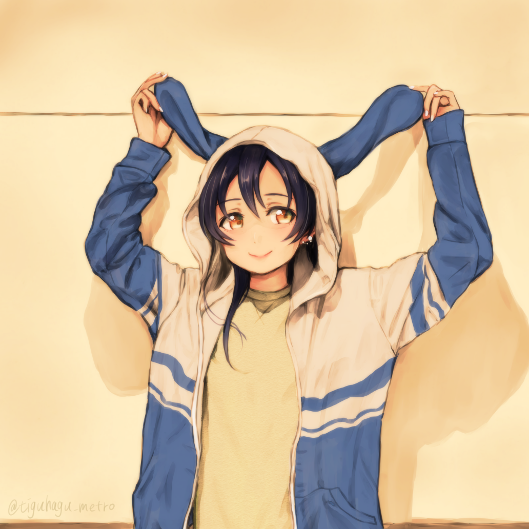 10s, 1girl, animal_ears, animal_hood, arms_up, black_hair, blue_hair, casual