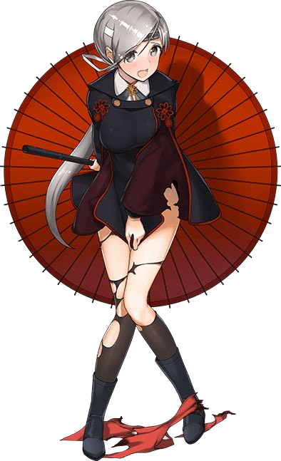 10s, 1girl, black_boots, blush, boots, breasts, chitose_(kancolle), chitose_(rainy_season)_(kancolle), female_focus, full_body, hair_ribbon, hakama, hakama_skirt, headband, holding, holding_umbrella, japanese_clothes, kantai_collection, knee_boots, knees_together_feet_apart, kuuro_kuro, long_hair, long_sleeves, looking_at_viewer, official_art, oil-paper_umbrella, open_mouth, pantyhose, ponytail, raincoat, ribbon, rubber_boots, silver_hair, skirt, solo, torn_clothes, torn_pantyhose, torn_skirt, transparent_background, umbrella