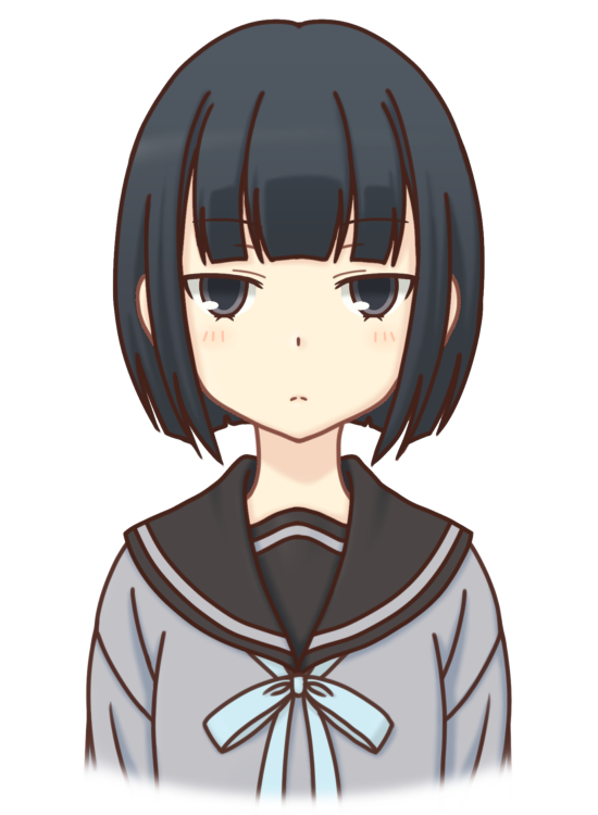 10s, 1girl, black_eyes, black_hair, blush, bob_cut, female_focus, grey_shirt
