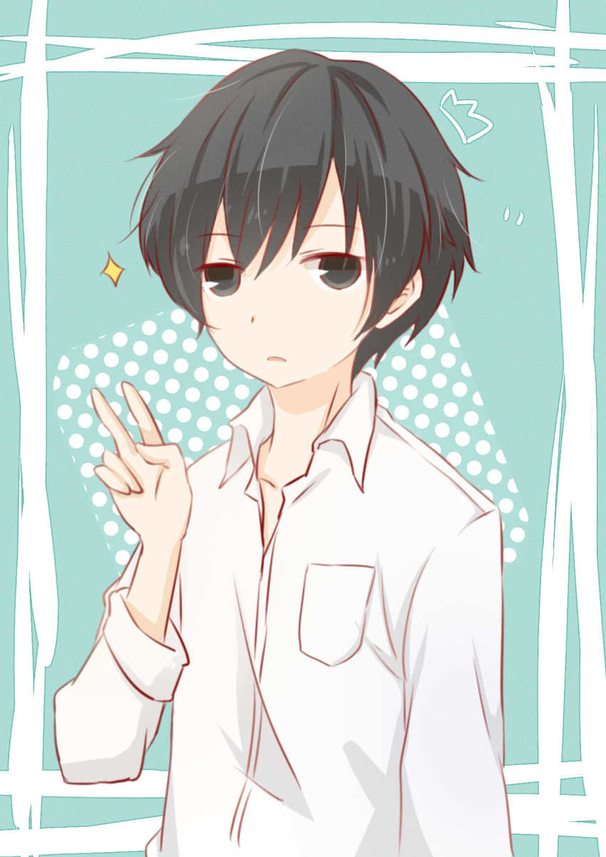 10s, 1boy, black_hair, highres, male_focus, school_uniform, short_hair, solo, tanaka-kun_wa_itsumo_kedaruge, tanaka_(tanakeda), v, zifeiyu