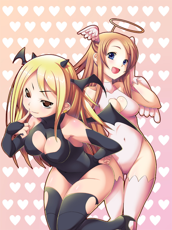 >:), 2girls, angel, angel_and_devil, bad_id, bad_pixiv_id, bat_wings, blonde_hair
