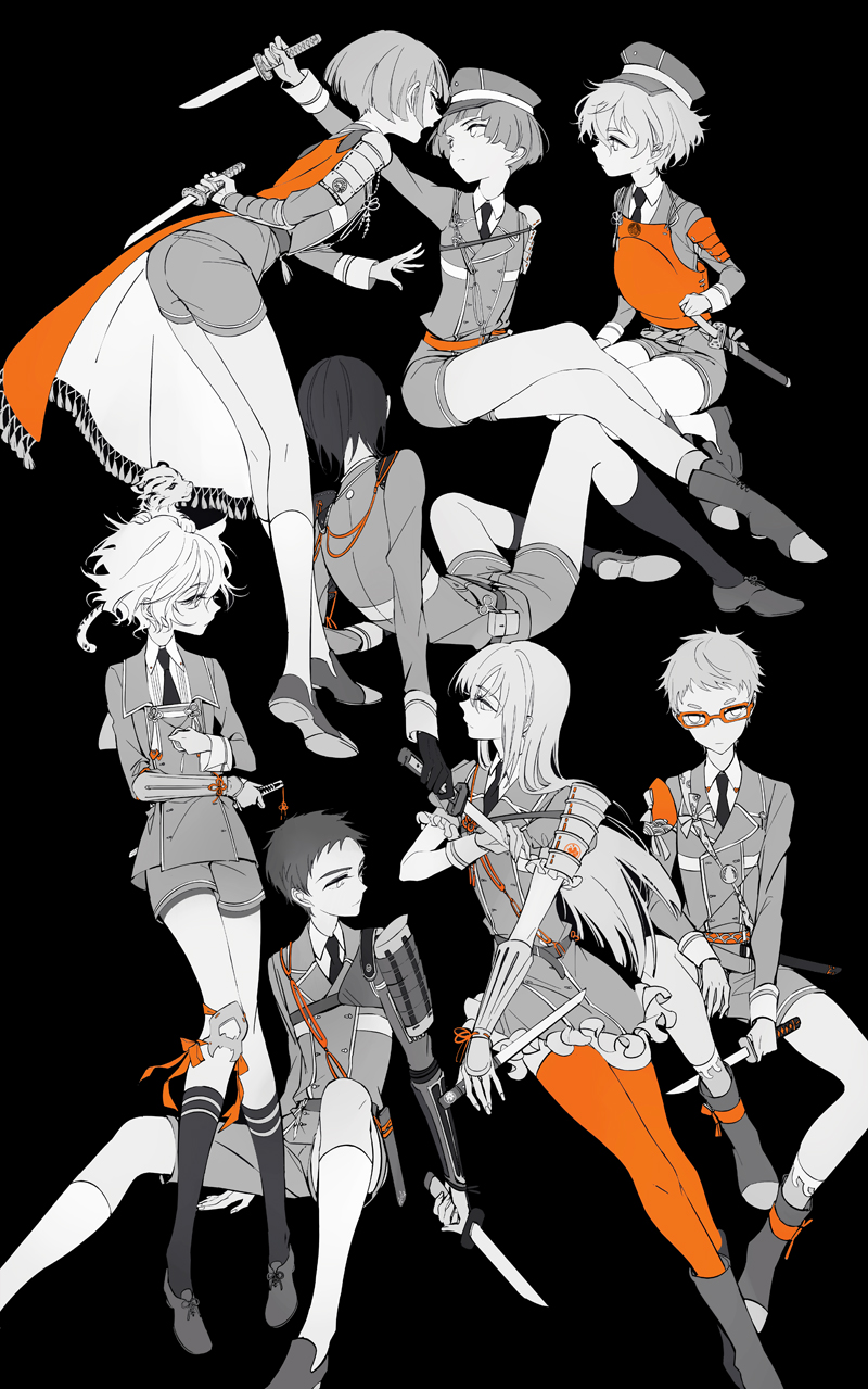 10s, 6+boys, akita_toushirou, armor, atsushi_toushirou, crossdressing, crossdressing_(mtf), dress, glasses, gokotai, gokotai's_tigers, hakata_toushirou, highres, hirano_toushirou, japanese_armor, maeda_toushirou, male_focus, midare_toushirou, military, military_uniform, monochrome, multiple_boys, necktie, open_mouth, short_sword, shorts, shoulder_armor, sode, spot_color, sword, tantou, thighhighs, touken_ranbu, trap, weapon, yagen_toushirou, zmore