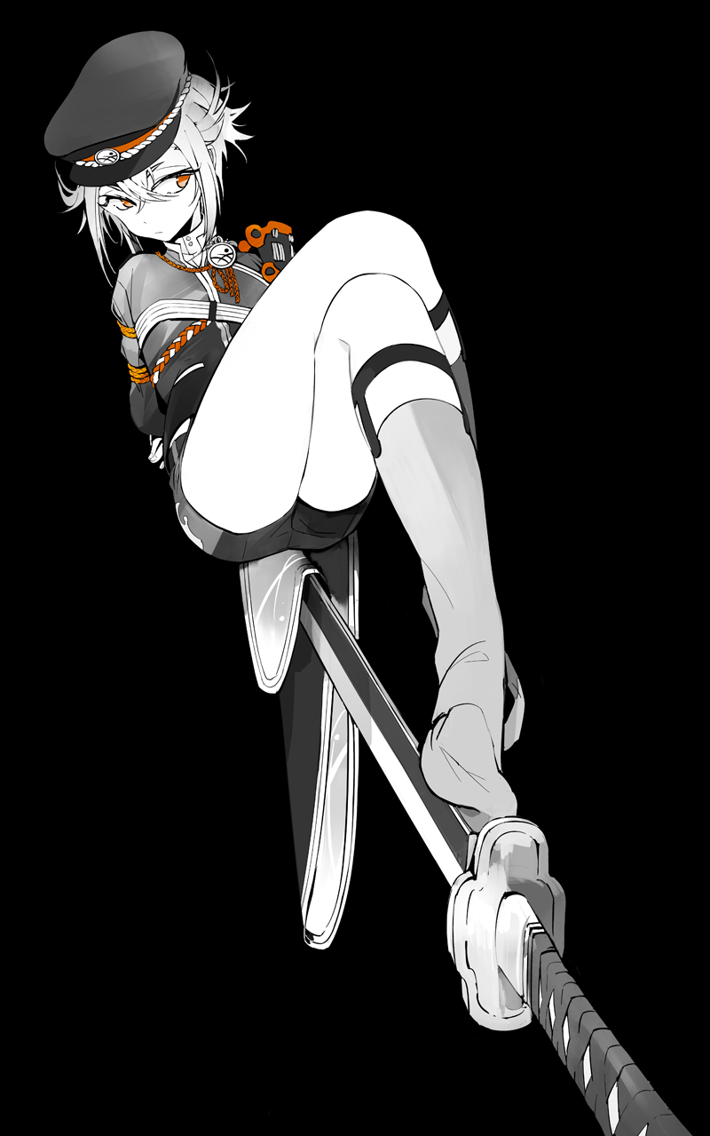 10s, 1boy, alternate_eye_color, armor, bound, cape, full_body, greyscale, hat, highres, hotarumaru, japanese_armor, kneehighs, legwear_garter, male_focus, monochrome, no_shoes, ootachi, personification, red_eyes, shorts, shoulder_armor, socks, sode, solo, spot_color, sword, tied_up_(nonsexual), touken_ranbu, weapon, zmore