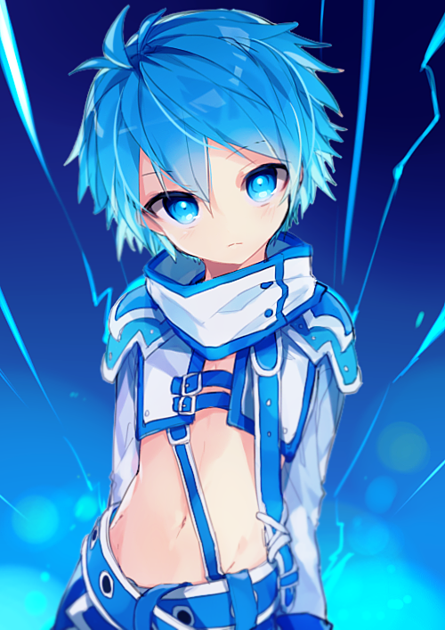 1boy, blue_eyes, blue_hair, blue_theme, looking_at_viewer, male_focus, matching_hair/eyes, midriff, name_(oiuio), navel, solo, soma_(tartaros), tartaros_online