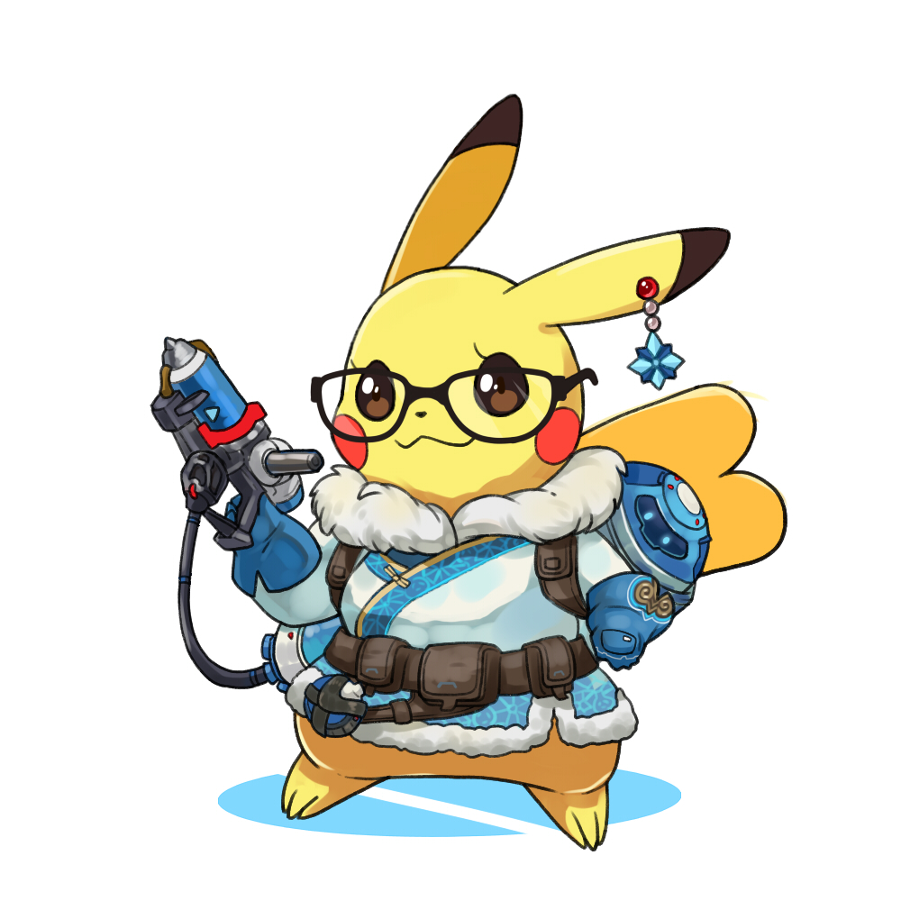 1girl, :3, bad_id, bad_pixiv_id, beads, black-framed_eyewear, blue_gloves, blush_stickers, brown_eyes, coat, cosplay, earrings, female_focus, full_body, gen_1_pokemon, glasses, gloves, gun, holding, holding_gun, holding_weapon, jewelry, mei_(overwatch), mei_(overwatch)_(cosplay), nintendo, no_humans, overwatch, overwatch_1, pikachu, pokemon, pokemon_(creature), simple_background, single_earring, solo, standing, weapon, white_background, zrae