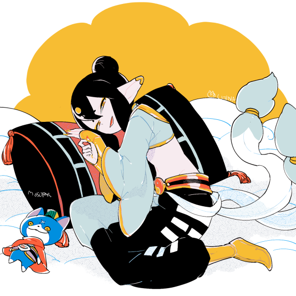 10s, 1boy, black_hair, full_body, fuyunyan, l_hakase, male_focus, pillow, pointy_ears, solo, soruka, traditional_youkai, youkai_sangokushi, youkai_watch