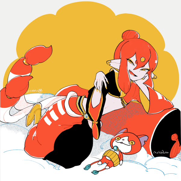 10s, 1boy, character_doll, doll, fang, jibanyan, l_hakase, looking_at_viewer