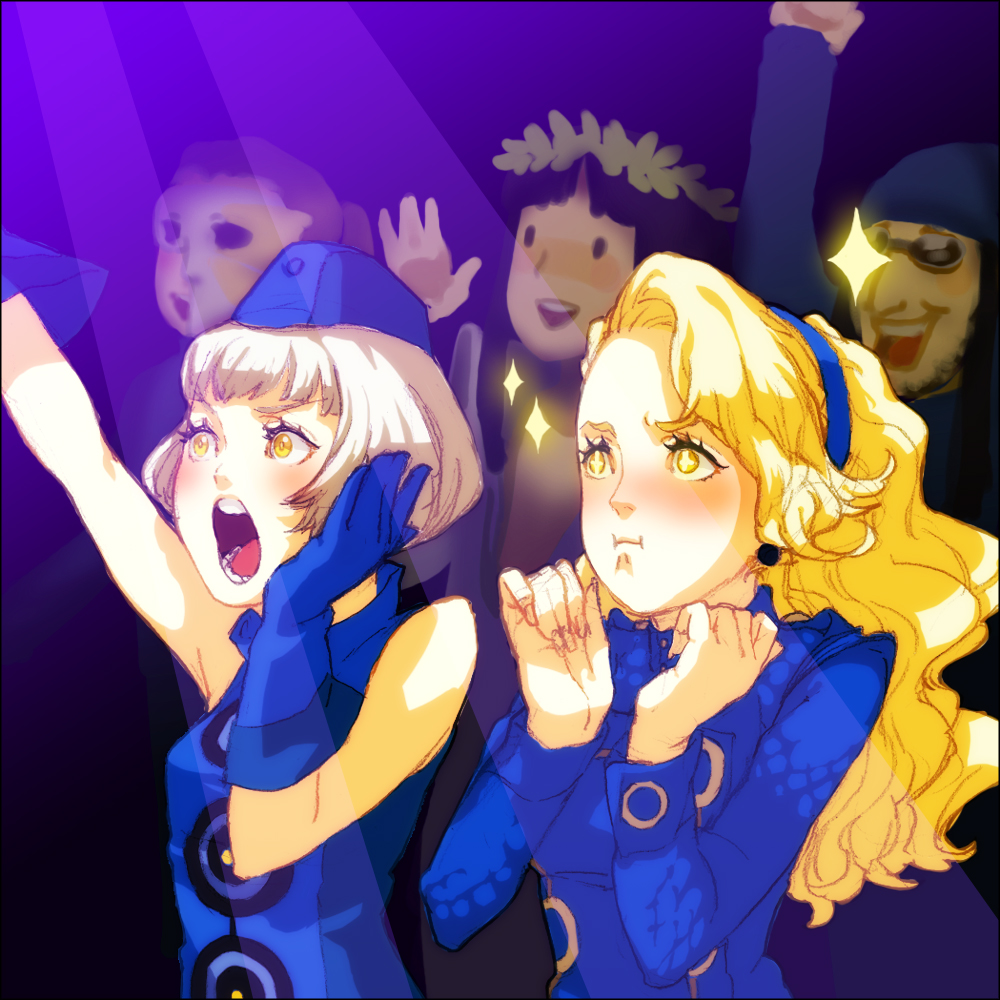 2girls, 3boys, :i, :t, atlus, blonde_hair, blush, demon_artist, elizabeth_(persona), gimmel, gloves, hairband, hat, headband, kazuma_kaneko, long_hair, margaret, margaret_(persona), multiple_boys, multiple_girls, open_mouth, persona, persona_2, persona_3, persona_4, philemon, sarry23, shin_megami_tensei, shin_megami_tensei_ii, short_hair, shouting, siblings, silver_hair, sisters, wavy_hair, yellow_eyes