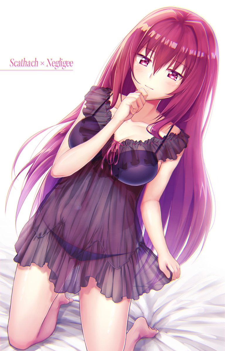 1girl, barefoot, blush, breasts, character_name, fal_(fal-se-0), fate_(series), female_focus, highres, lingerie, long_hair, medium_breasts, negligee, nightgown, panties, purple_hair, red_eyes, scathach_(fate), see-through_clothes, simple_background, smile, solo, underwear, very_long_hair, white_background
