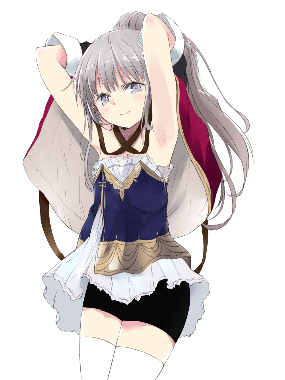 1girl, armpits, arms_up, atelier_(series), atelier_meruru, atelier_totori, black_shorts, brown_hair, cosplay, cowboy_shot, female_focus, grey_eyes, hair_ornament, highres, long_hair, looking_at_viewer, maromi_(am97), mimi_houllier_von_schwarzlang, mimi_houllier_von_schwarzlang_(cosplay), shorts, silver_hair, simple_background, smile, solo, thighhighs, thighs, totooria_helmold, very_long_hair, white_background, white_thighhighs