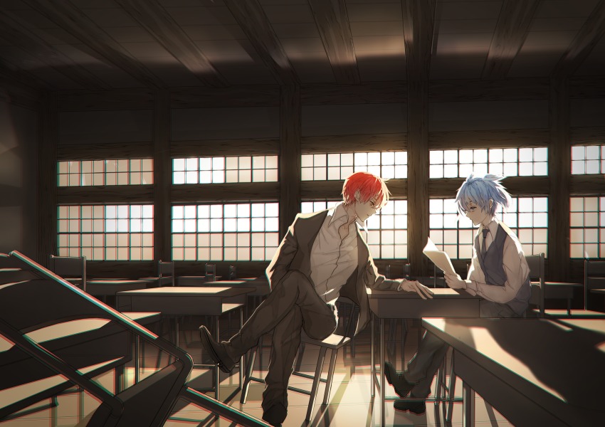 10s, 2boys, akabane_karma, ansatsu_kyoushitsu, backlighting, black_footwear, black_jacket, black_necktie